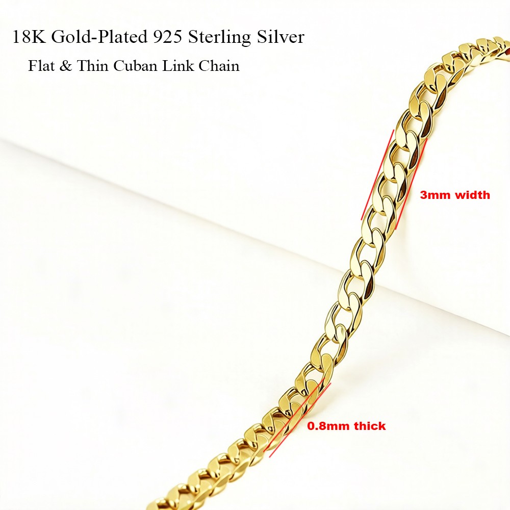 Flat & Thin 18K-GP 925 Sterling Silver 3mm Cuban Link Chain Necklace Curb Chain