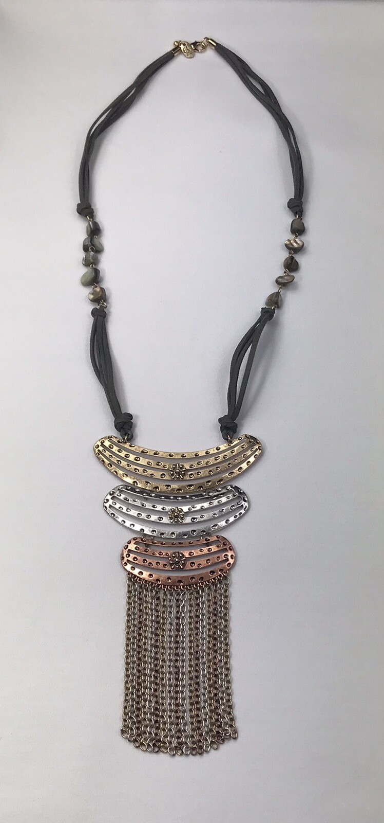 Erica Lyons Copper Gold Silver Tone Pendant Abalone Necklace 30”, Statement EUC