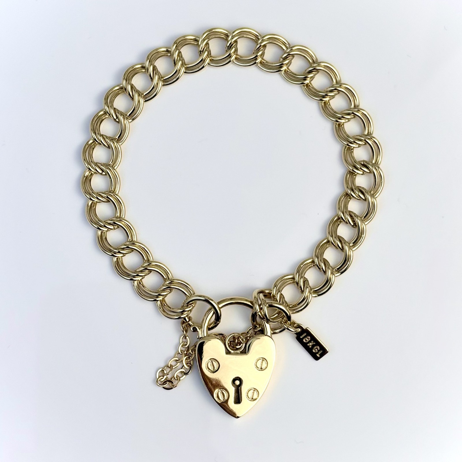 18K GL Solid Double Link Gold Bracelet with Classic Antique Style Heart Padlock