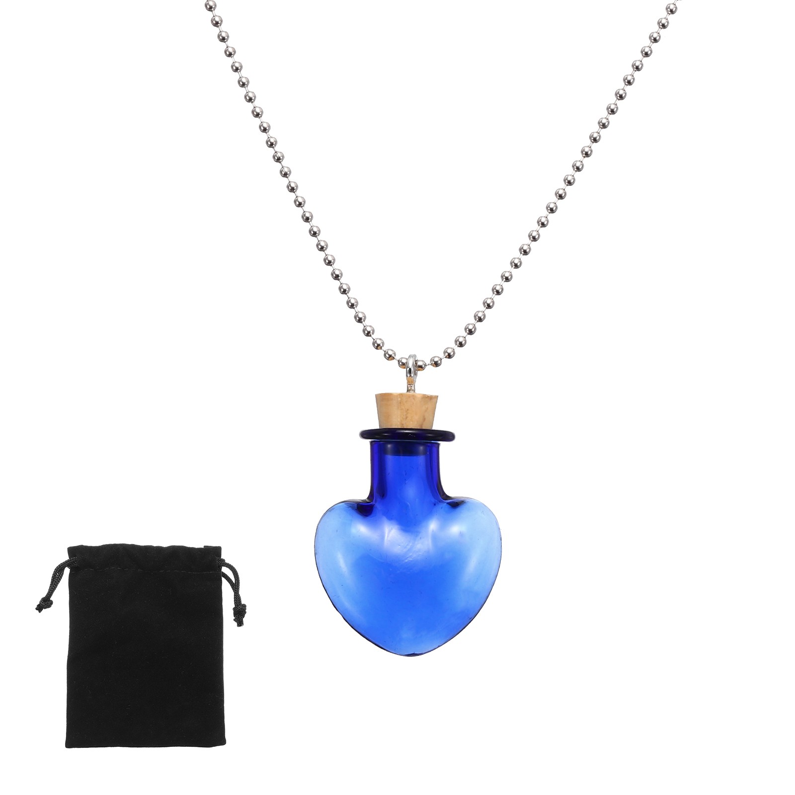 26mm Vial Necklace with Cork Stoppers Black Velvet Bag, Heart Shaped, Blue