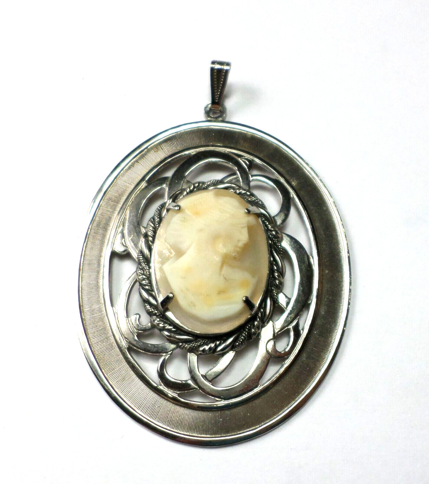 Vintage Woman Shell Cameo 30x22mm Facing Right XLarge Silver Pendant 84x55mm