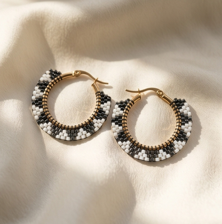 Hoop circle earrings with gold, black. and white seed beads