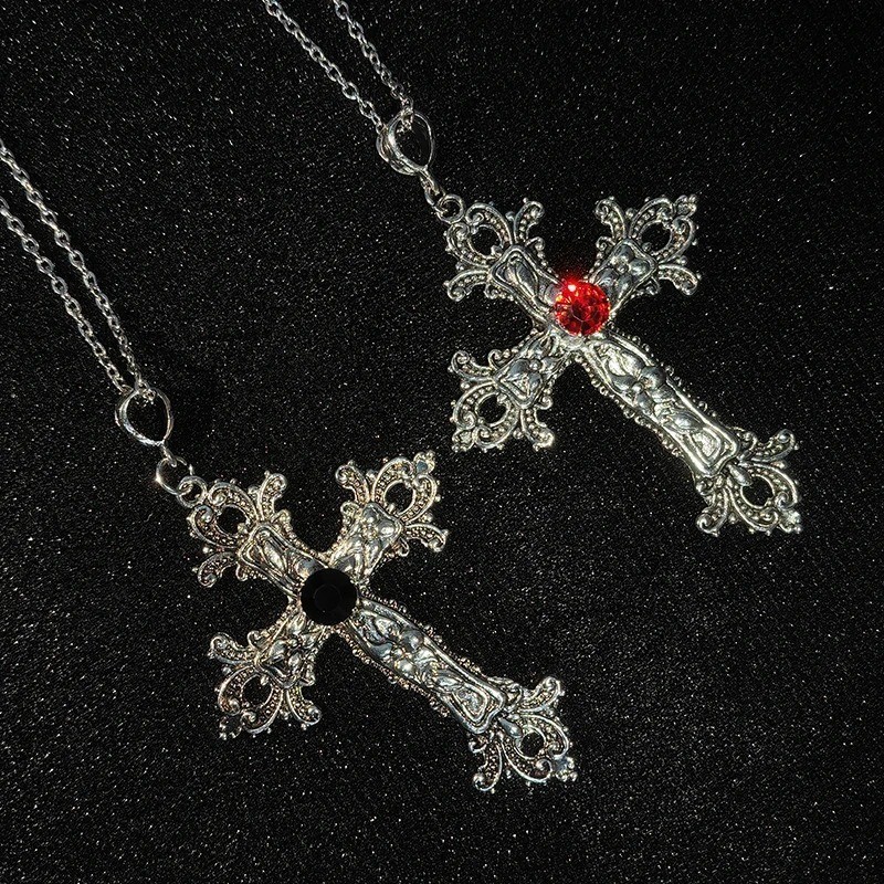 Gothic Big Zircon Cross Necklace Unisex Y2K Irregular Goth Large Cross Pendant