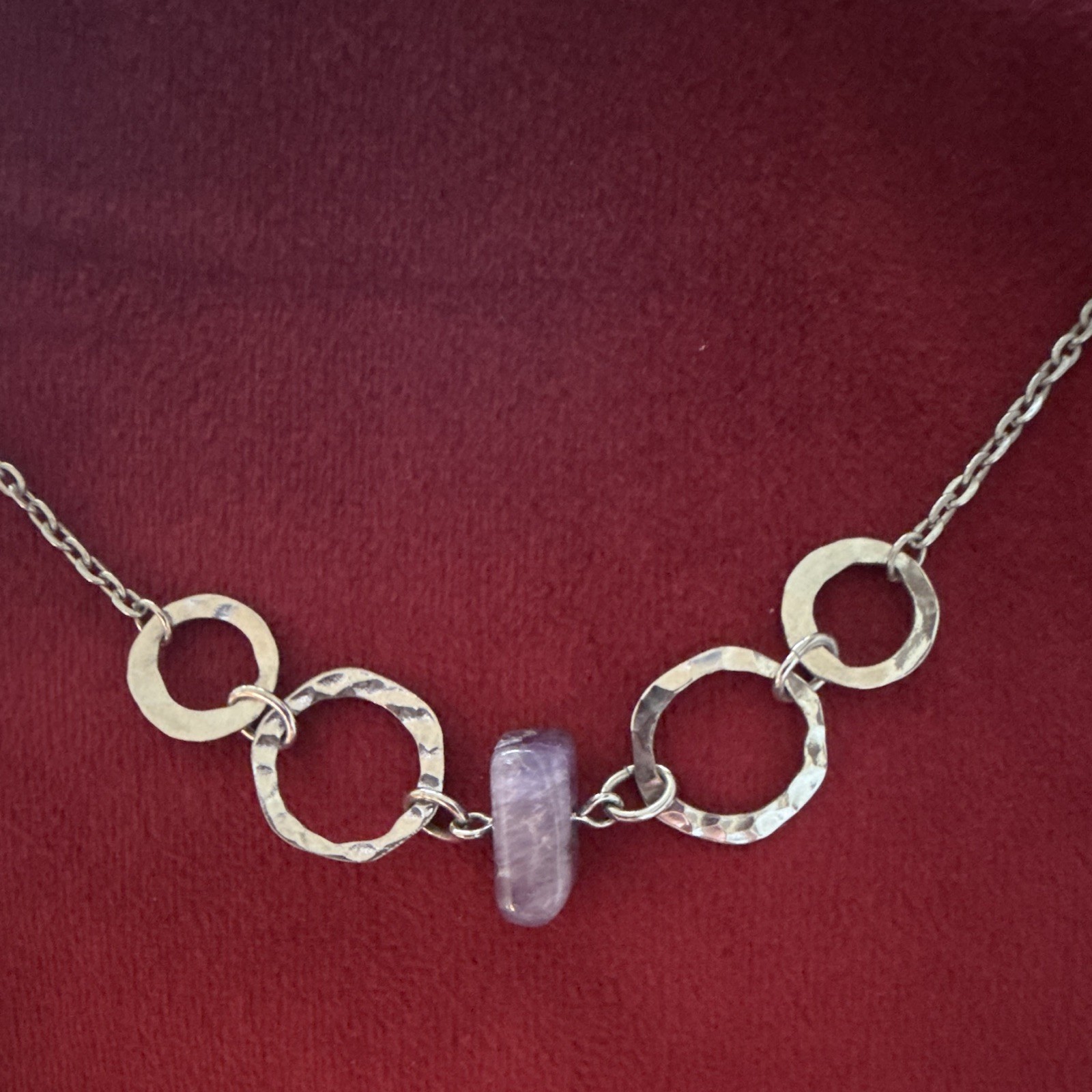 Signed Park Lane Silver Tone Chain Necklace Bar Charm Purple Crystal Bezel