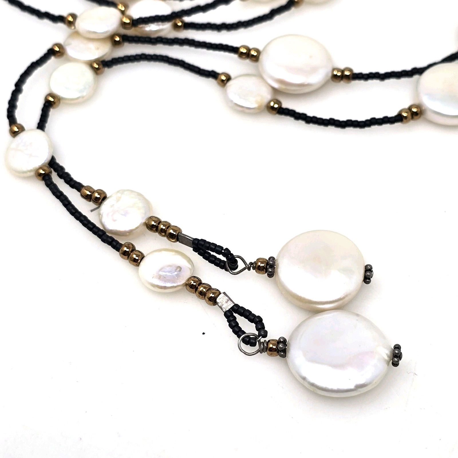 Long Baroque Coin Pearl Black Spinel Station Beaded Necklace 48″ Lariat