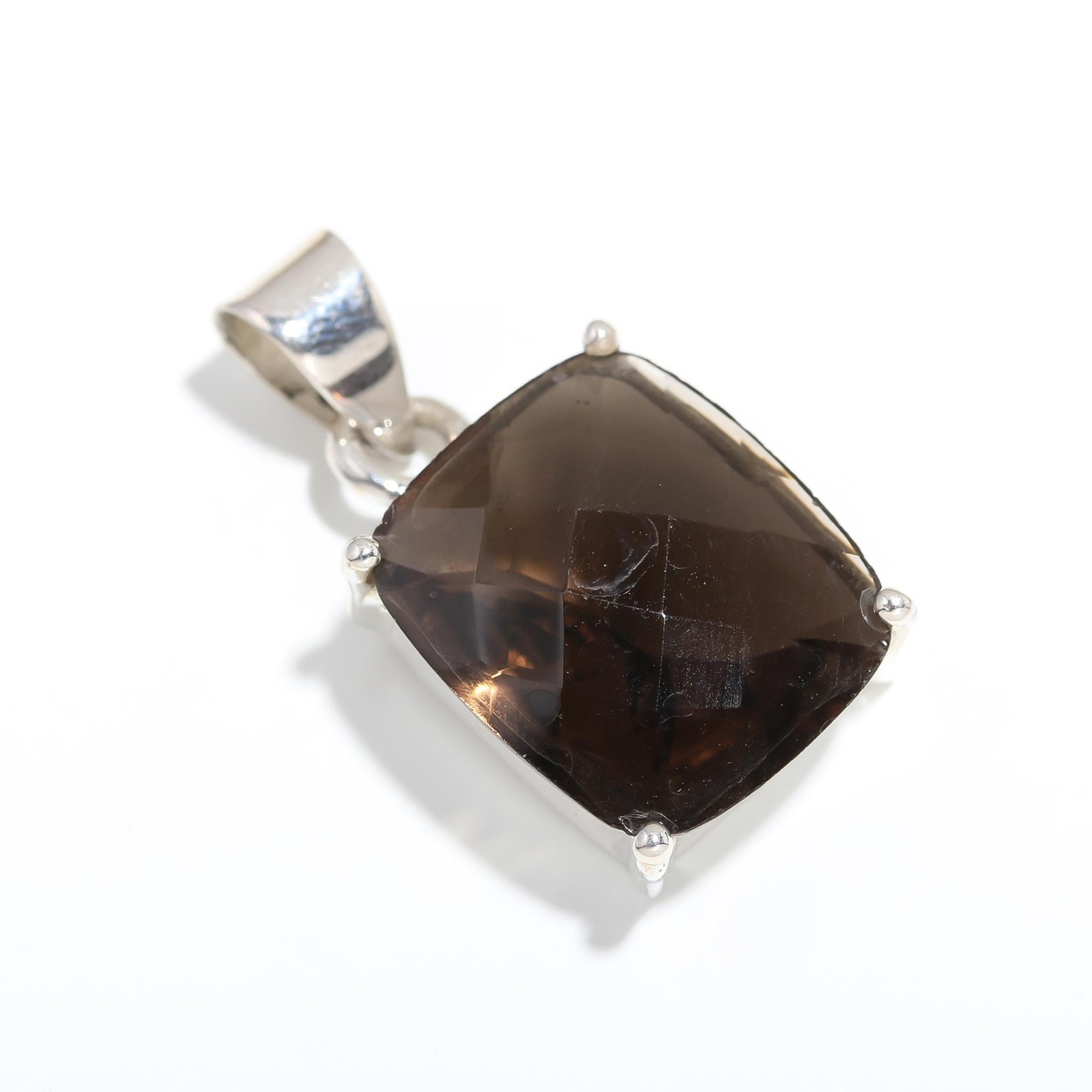 Natural Smoky Quartz Cushion Chain Pendant 925 Sterling Silver Handmade Jewelry