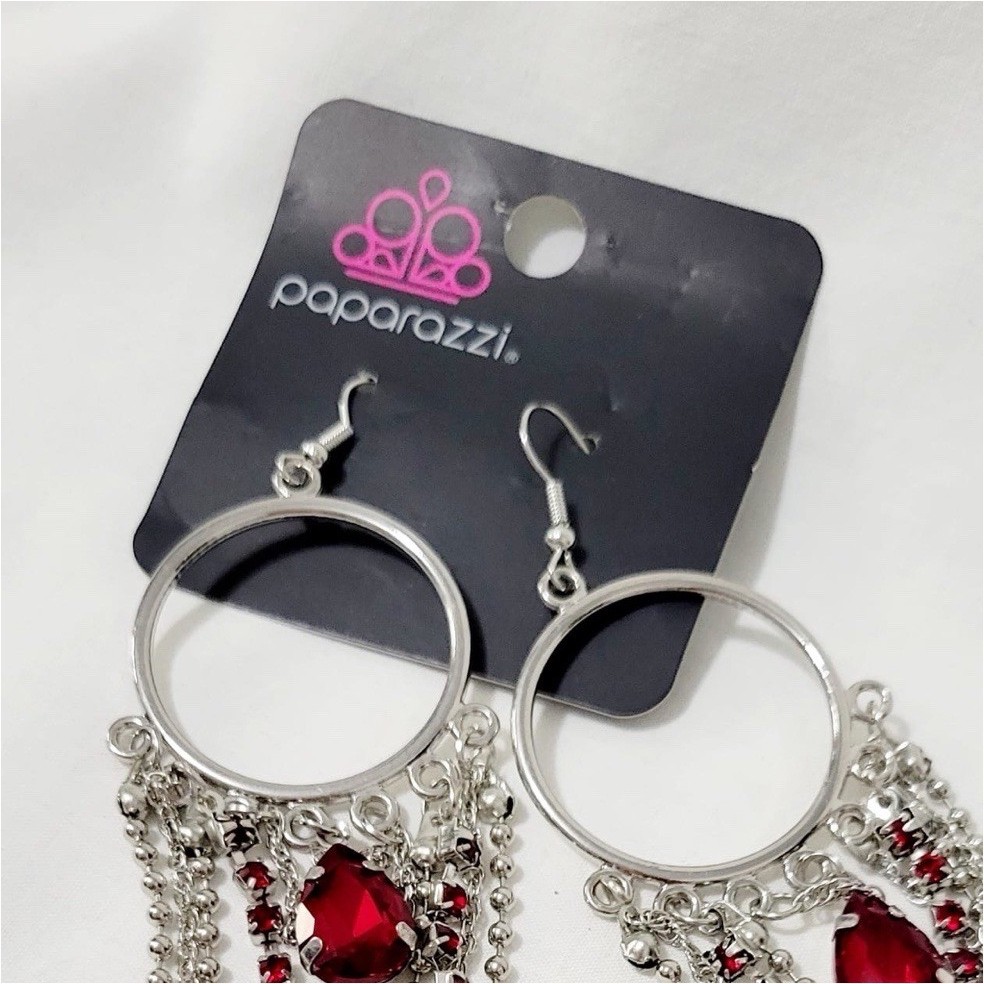 Paparazzi Silver Hoop Dangle Earrings Red Simulated Rhinestone Chain Fringe