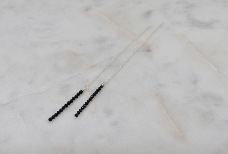 Dainty Black Spinal Faceted Round Silver Threader Long Handmade Women Earrings