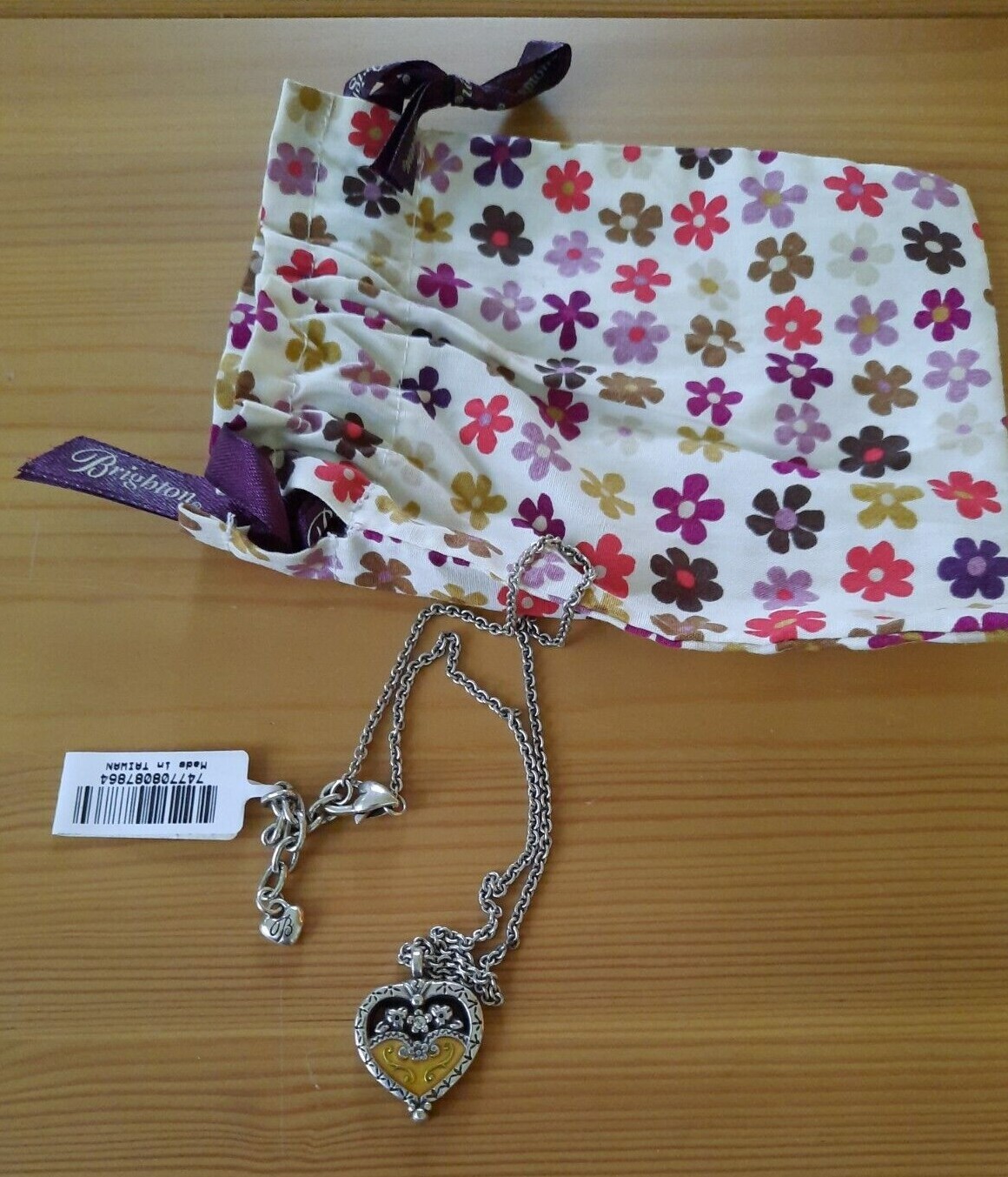 BRIGHTON JOY HEART Yellow Black Silver Plate Reversible Pendant NECKLACE Retired