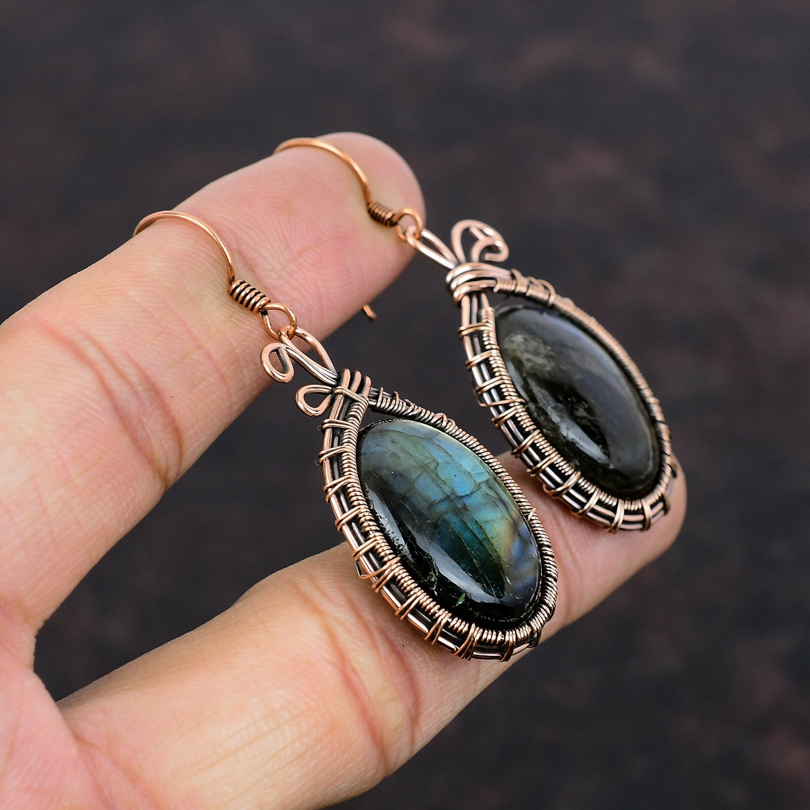 Labradorite Jewelry Copper Gift For Bridesmaid Wire Wrapped Earrings 2.2″