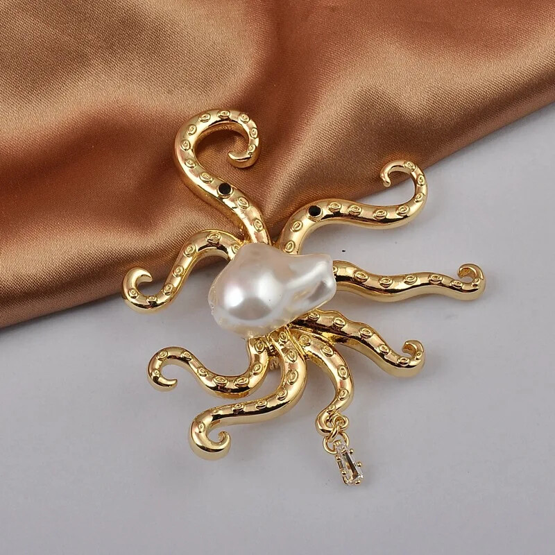 Women Pearl Metal Octopus Brooches Pins Simple Fashion Animal Badges Corsage