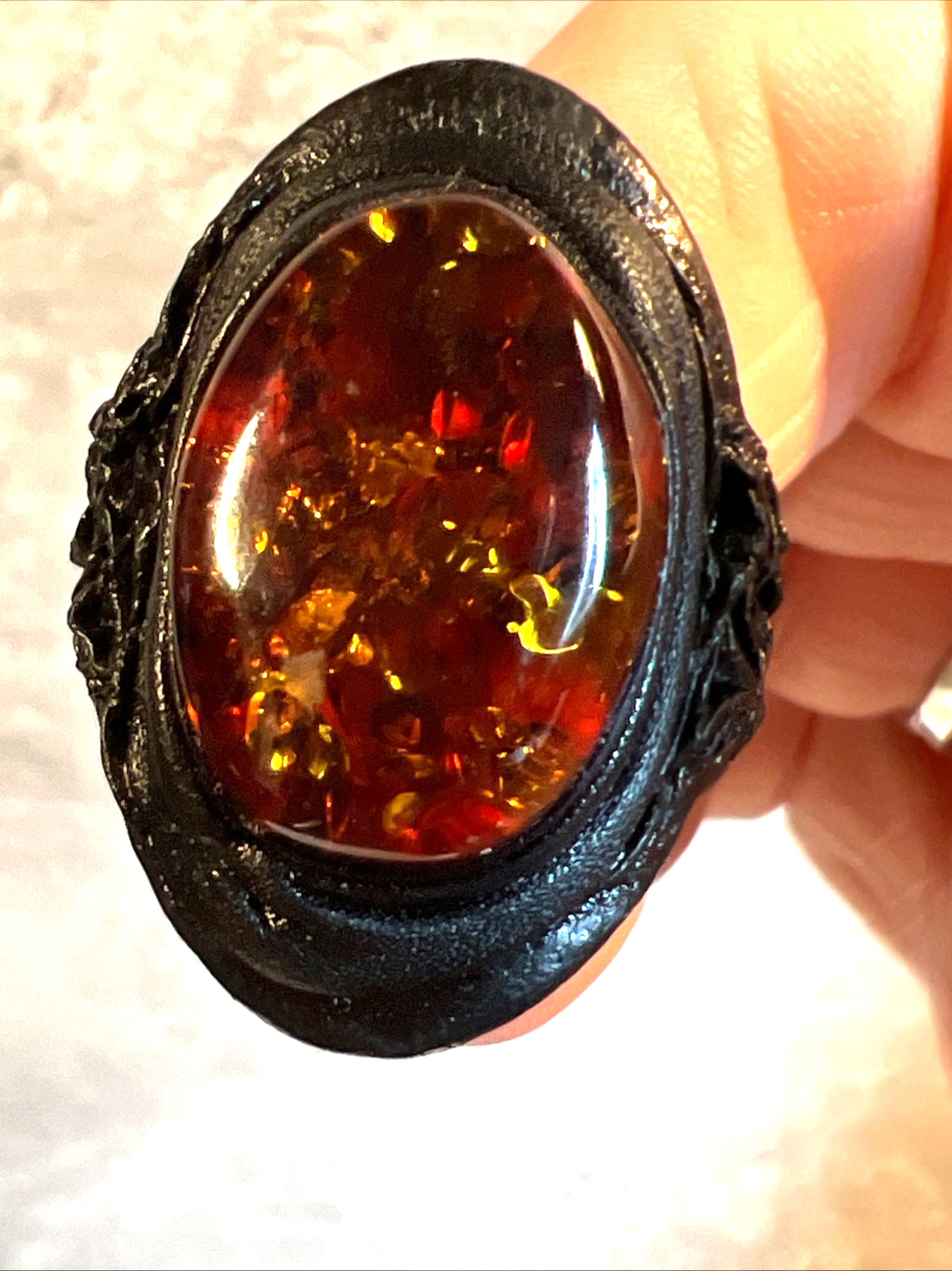 Vintage Baltic Amber Leather Adjustable Ring Distinctive Handcrafted Design 8.5″
