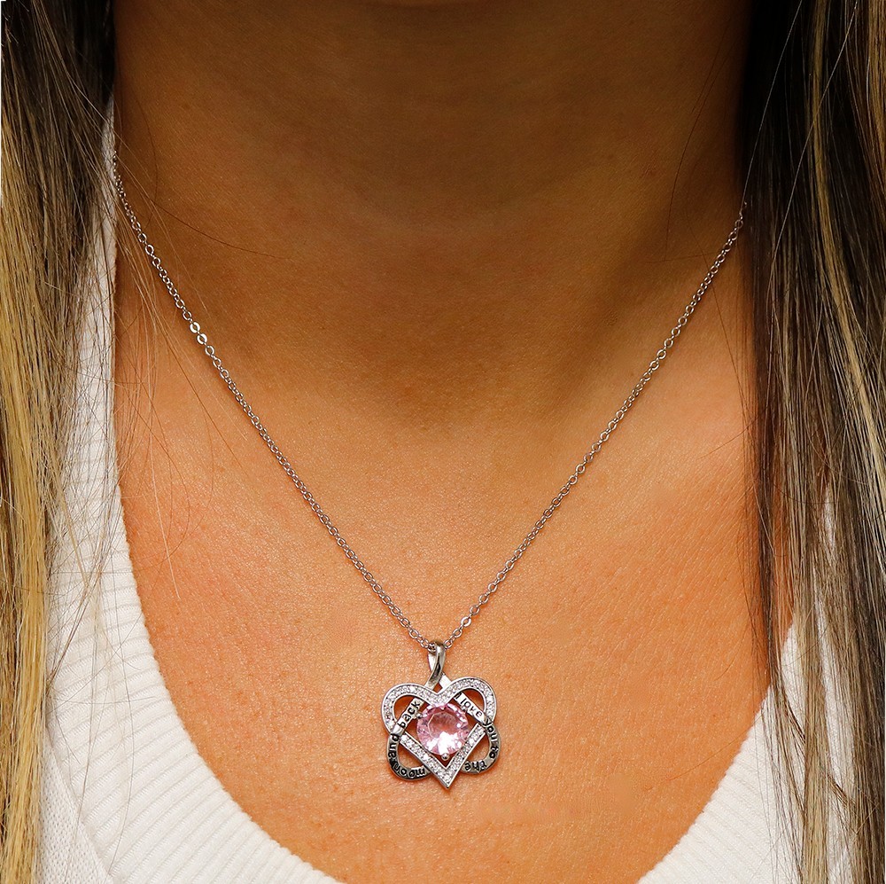 “I Love You To The Moon and Back” Heart Pendant Necklace With Pink CZ 18 Inch