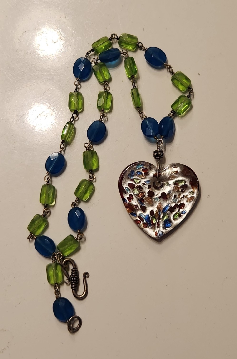 Blue and Green Beaded Necklace with Multi-color Heart Pendant