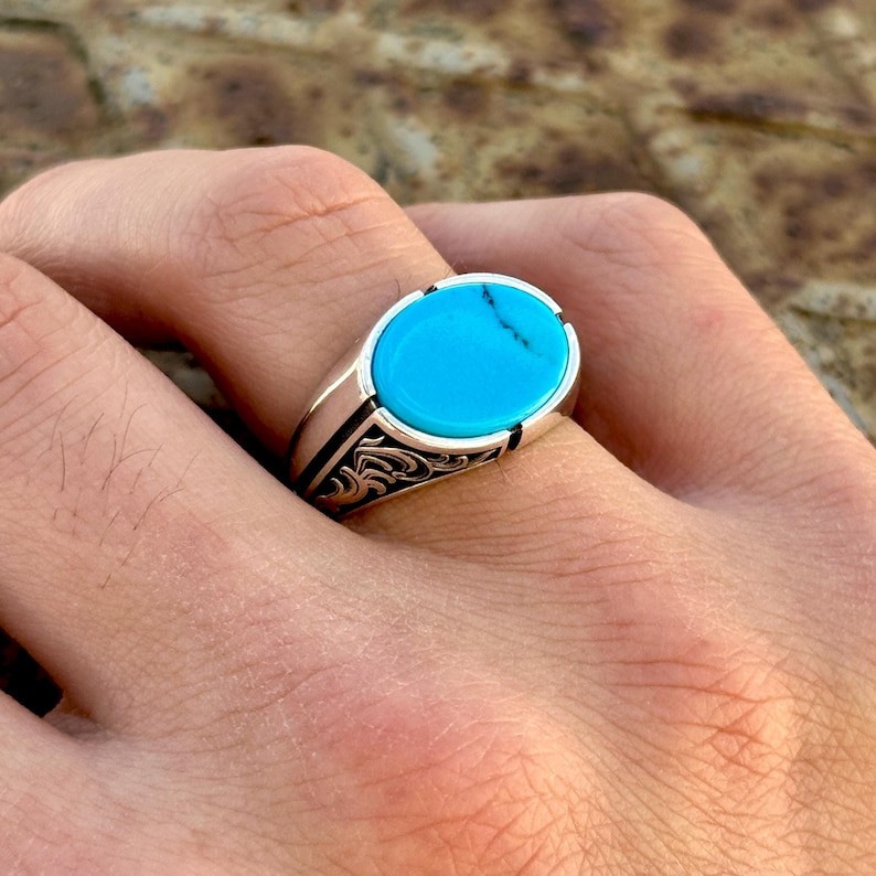 Classic Mens Turquoise Signet Ring 925 Sterling Silver Ring Gift For Men