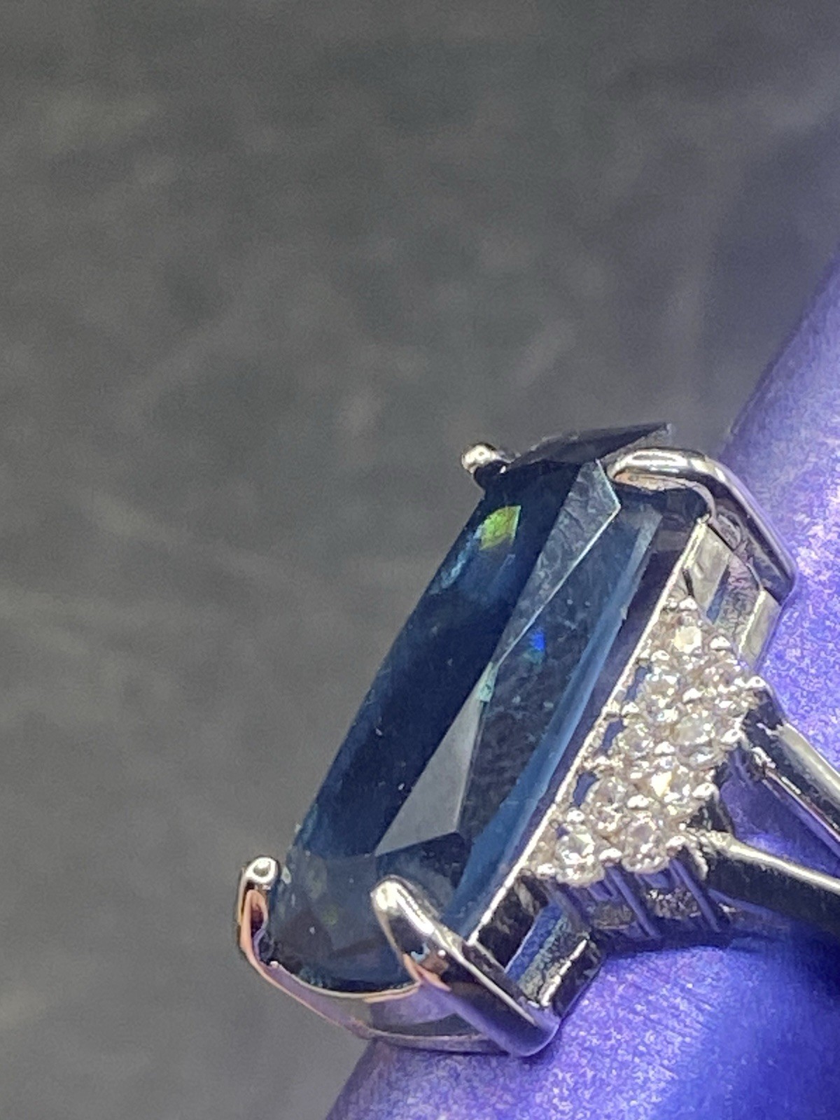 Cocktail Ring Elongated radiant cut blue sapphire & cz split shank Sterling 6.5￼