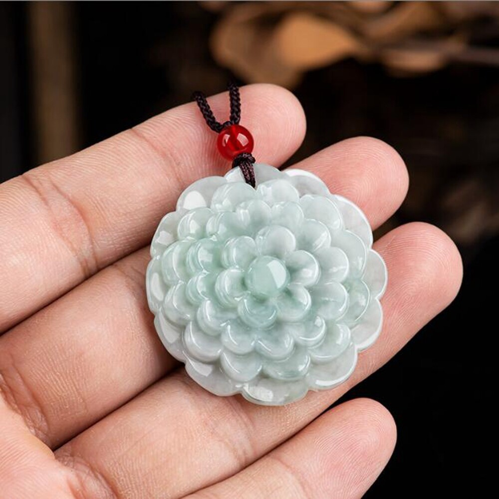 Certified Green Burma Natural Grade A Jade jadeite Peony Flower Pendant Necklace