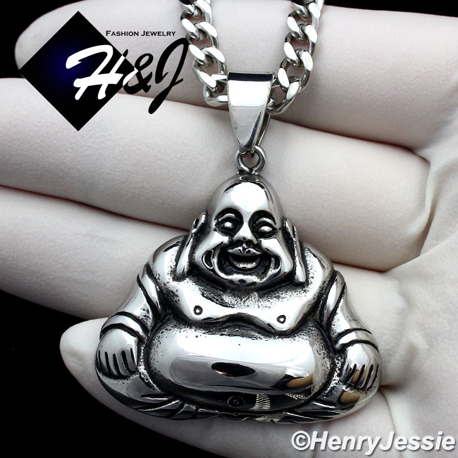 24″Stainless Steel 5mm Silver Cuban Curb Chain Black Plated Buddha Pendant*P96