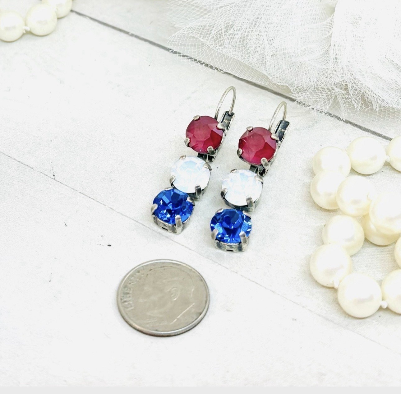 8mm Red White And Blue Patriotic Opalescent Triple Stone Cup Chain Earrings