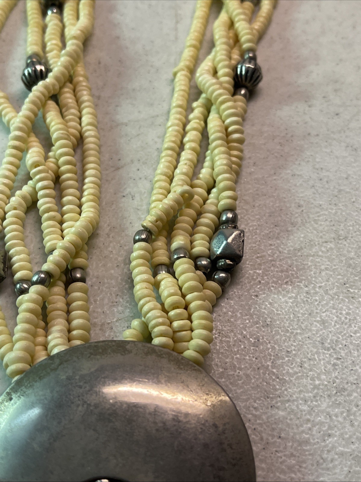 Multi Strand Cream/Silver Bead 19.5” Necklace Round Disk Native American Looking