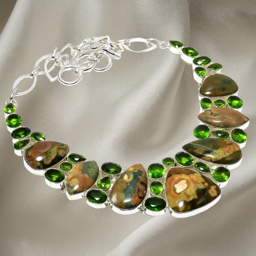 rainforest jasper Engagement Vitange Birthday Bezel Set Wife Necklace 925 Silver