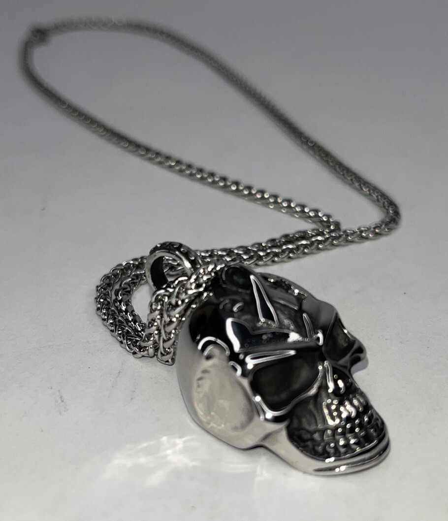 Skull Biker 2″ Medalian Necklace on 24″ Silver Tone Chain