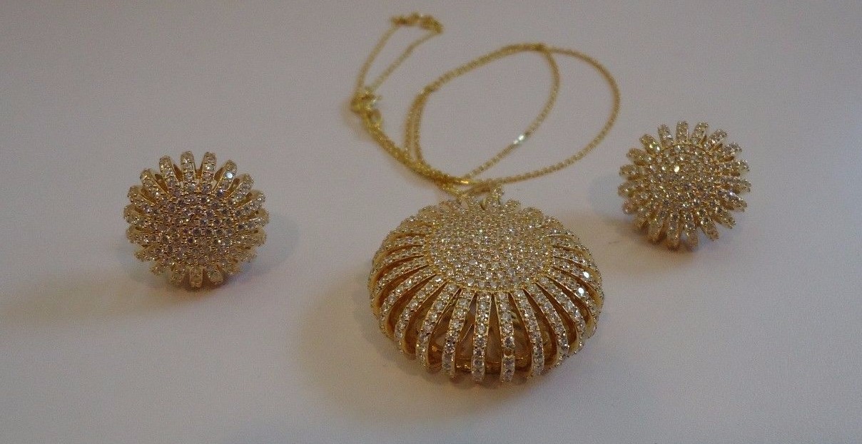 YELLOW PUFF SUN NECKLACE & EARRING SET12 CT LAB CREATED DIAMOND STERLING SILVER