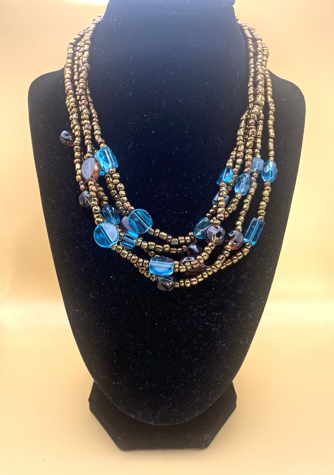 Gold Tone Multi-Strand Layered Beaded Necklace Blue Purple Glass Beads Boho