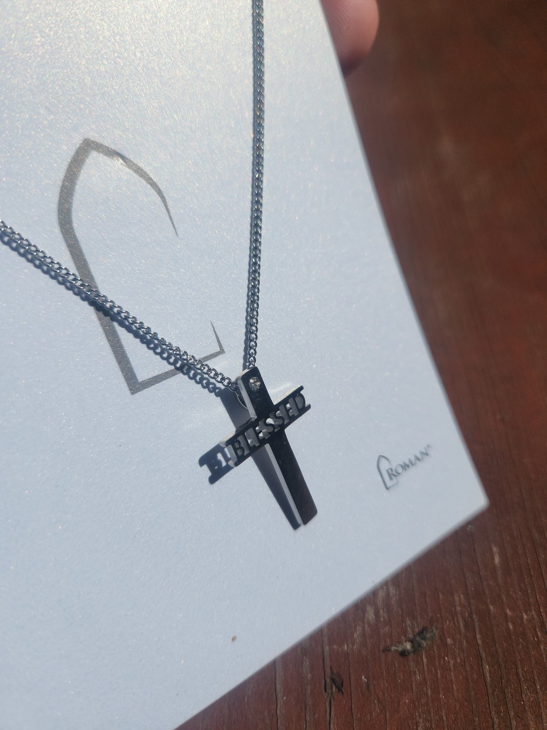 Roman Inc Stainless Steel Cross “BLESSED” Necklace Womens Chruch With Crystal