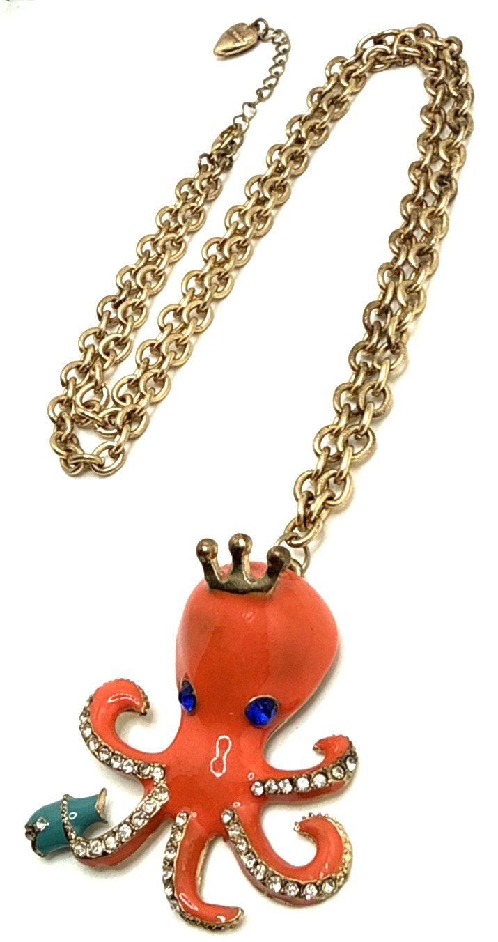 BETSEY JOHNSON Orange Enamel Octopus Pendant Necklace Blue Fish Clear Crystals