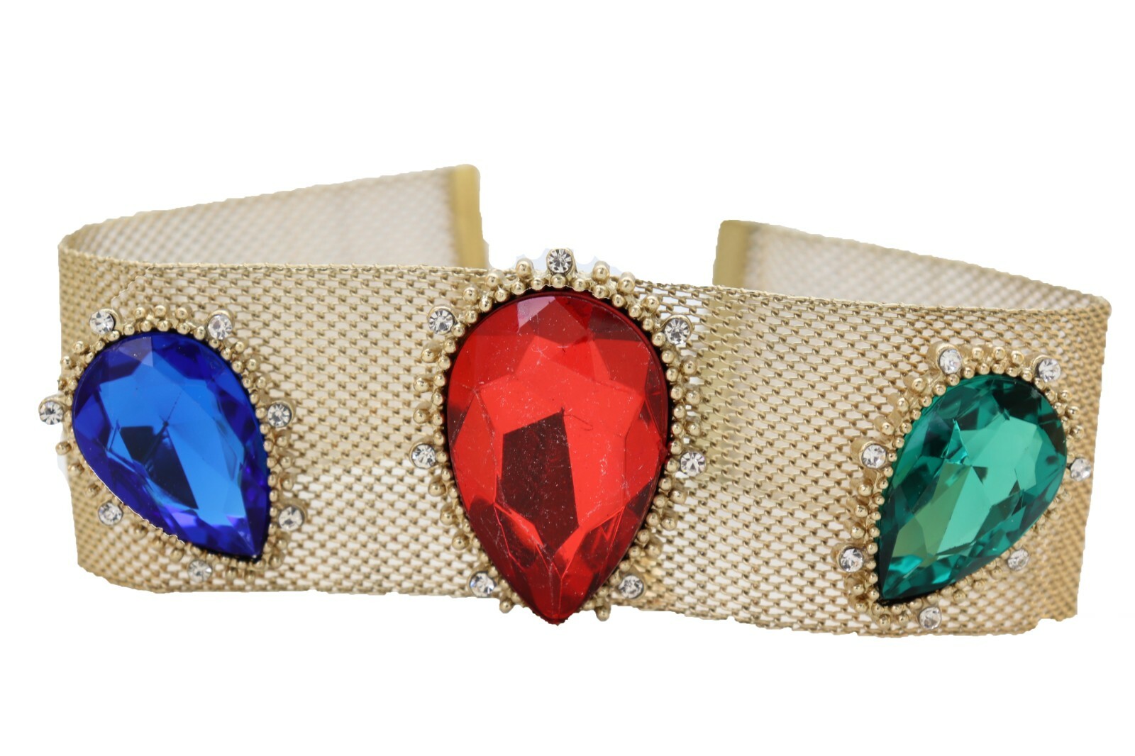 NEW Women Jewelry Gold Mesh Metal Choker Band Necklace Red Blue Green Crystals