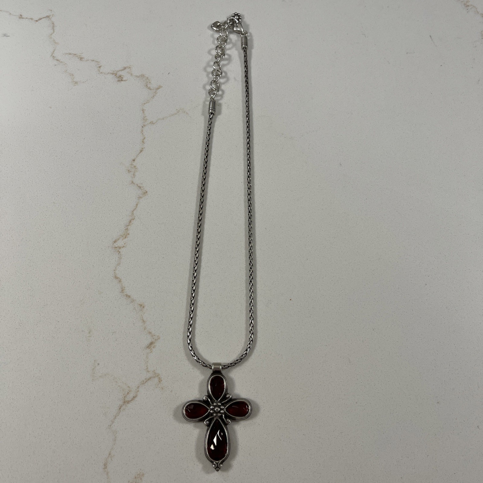Brighton Silver Tone Necklace Cross Garnet Glass Pendant Adjustable 15-17 in