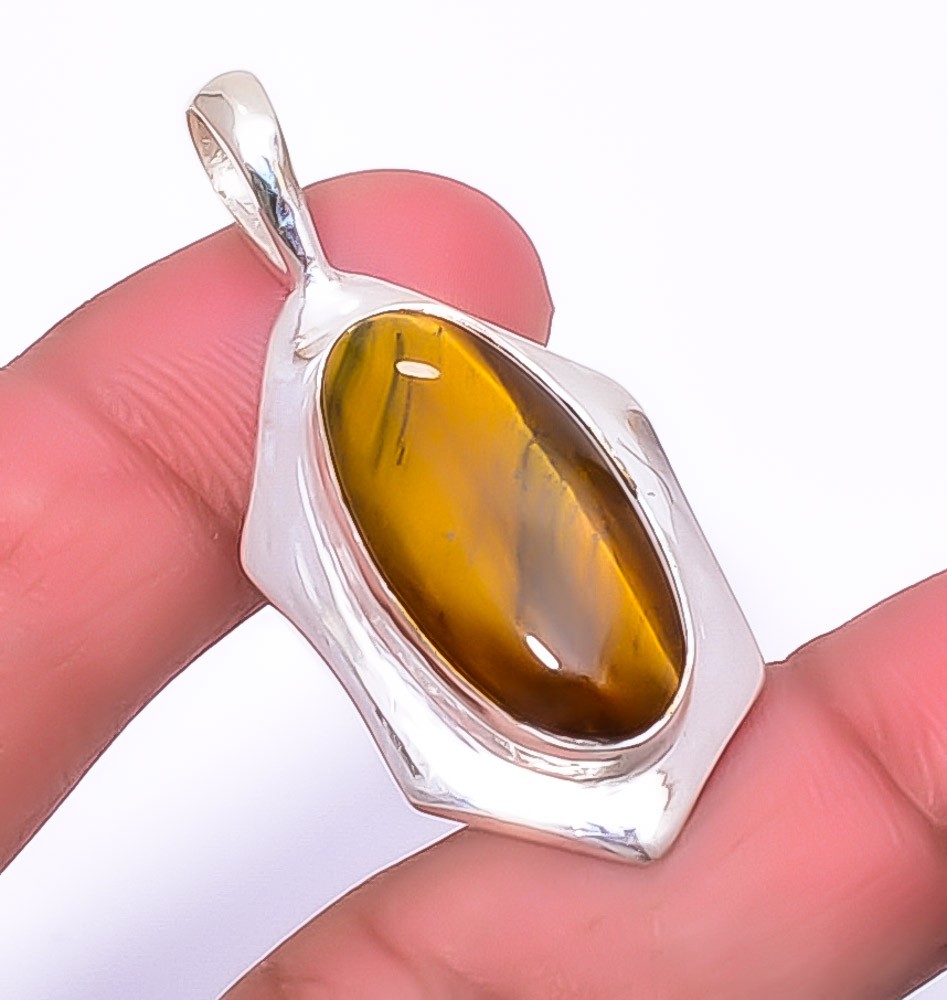 Yellow Tiger Eye – South Africa Gemstone 925 Silver Plated Pendant 1.76″ A356