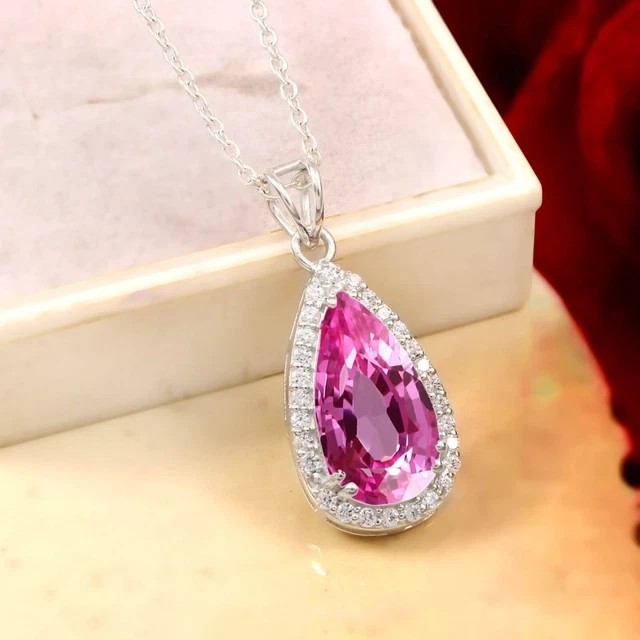 Pear Cut Simulated Pink Sapphire Teardrop Pendant Chain In 14k White Gold Plated