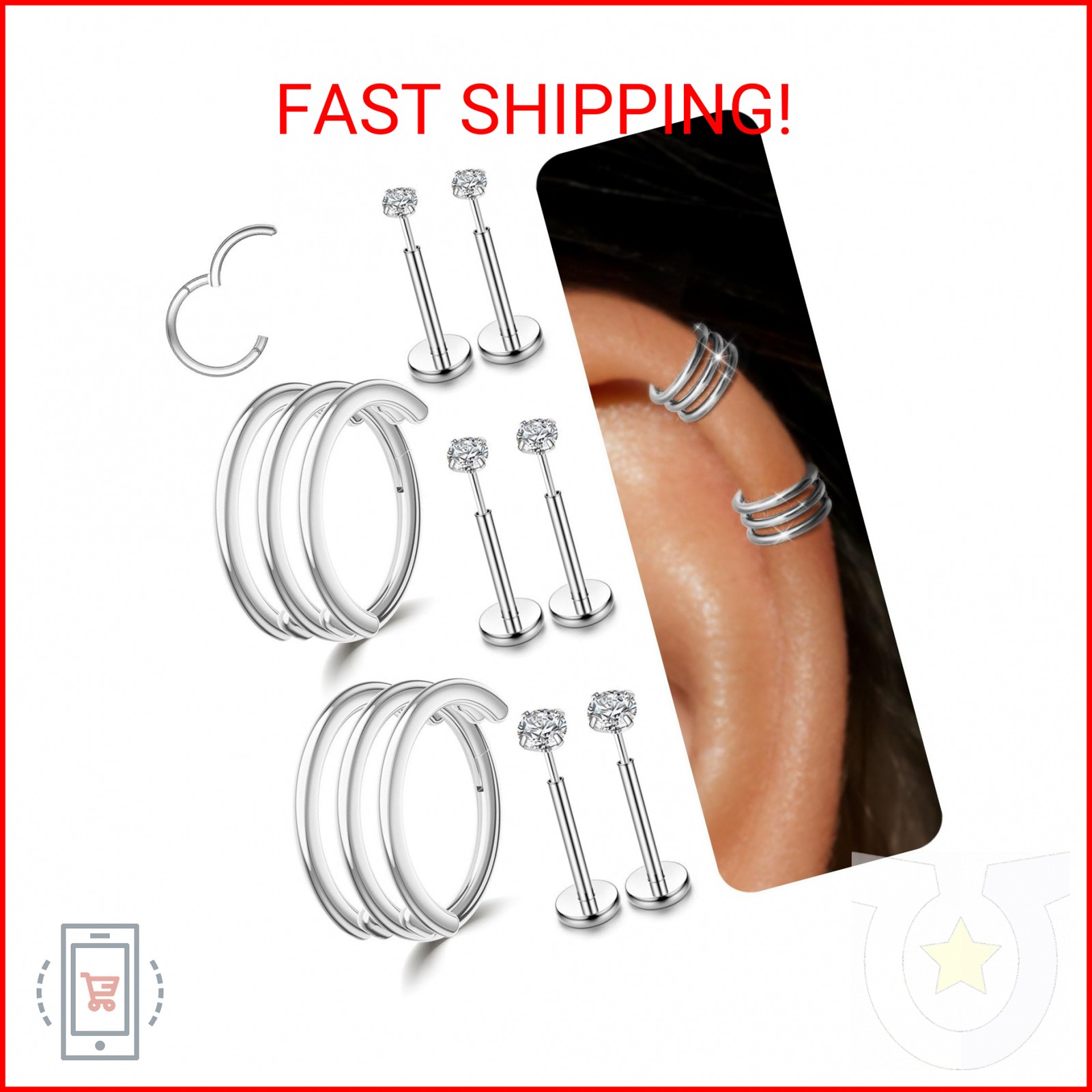 Silver Cartilage Hoop Earrings Triple Hoop 16G Helix Earrings with 3 Pairs Threa