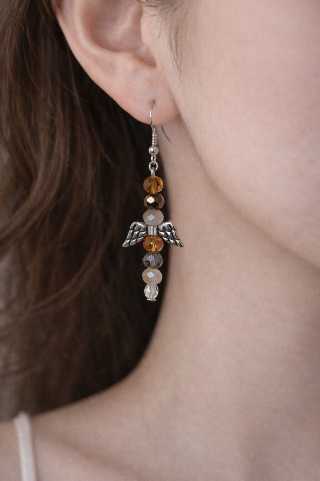 Dahlisse’s Jewelry Silver Brown Beaded Angel Wing Crystal Hook Dangle Earrings