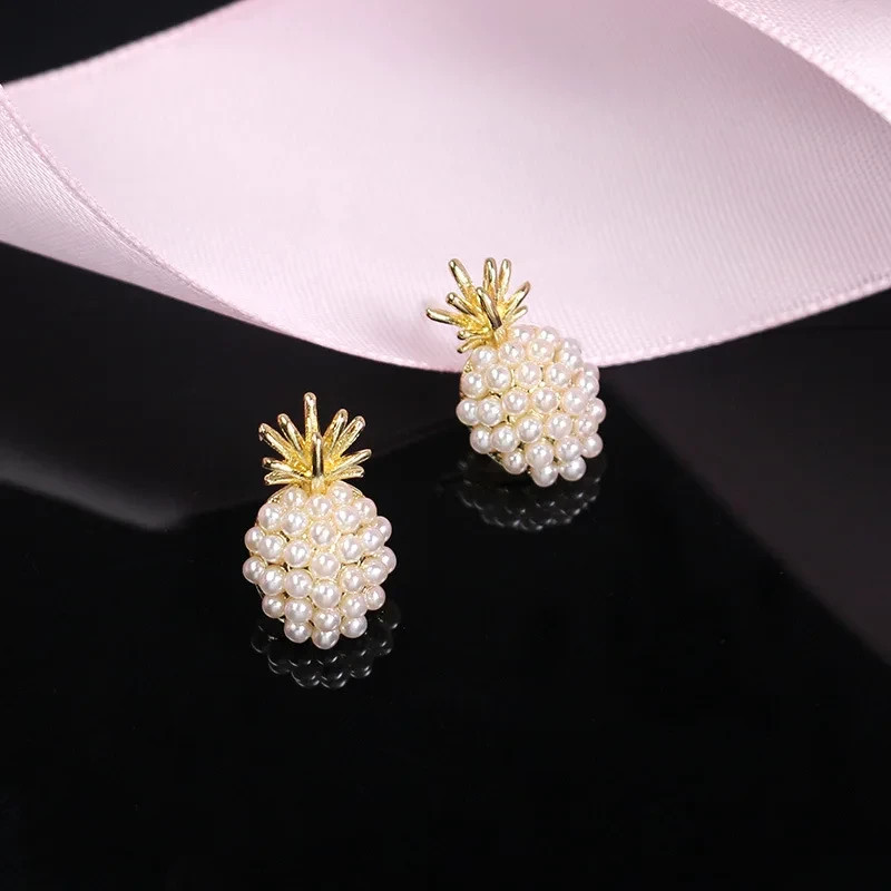 925 Sterling Silver 3D Pearl Pineapple Stud Earrings Women Tropical Jewellery Gi