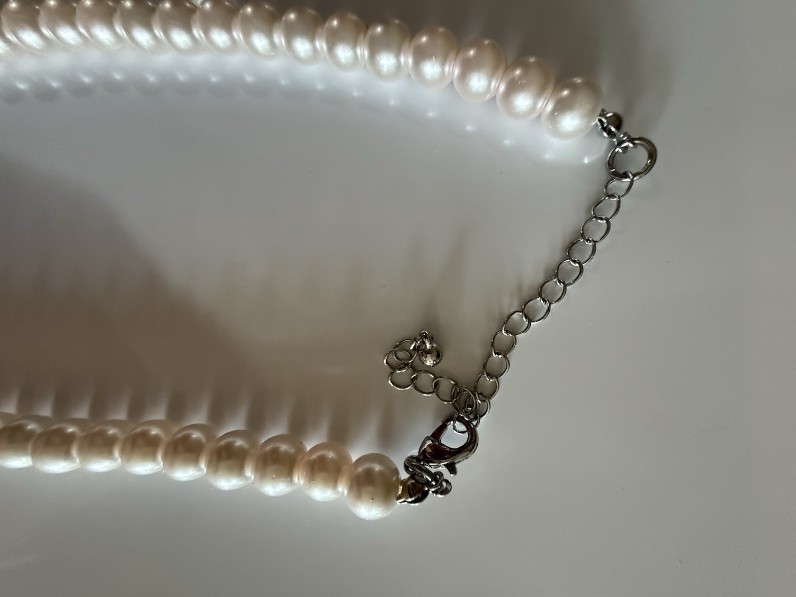 White Round Pearl Beaded Necklace w/ Silver Cable Chain Extender, Lobster