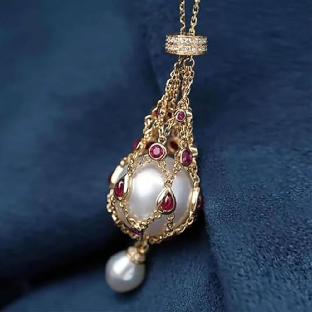 Women’s Faux Pearl Pendant Necklace Crystal Teardrop Mesh Cage Pendant Chain Nec