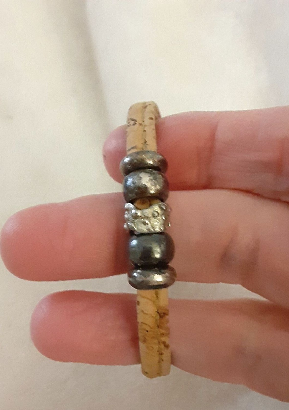 7″ Rustic Cork and Pewter-Tone Beaded Bracelet with Magnetic Clasp