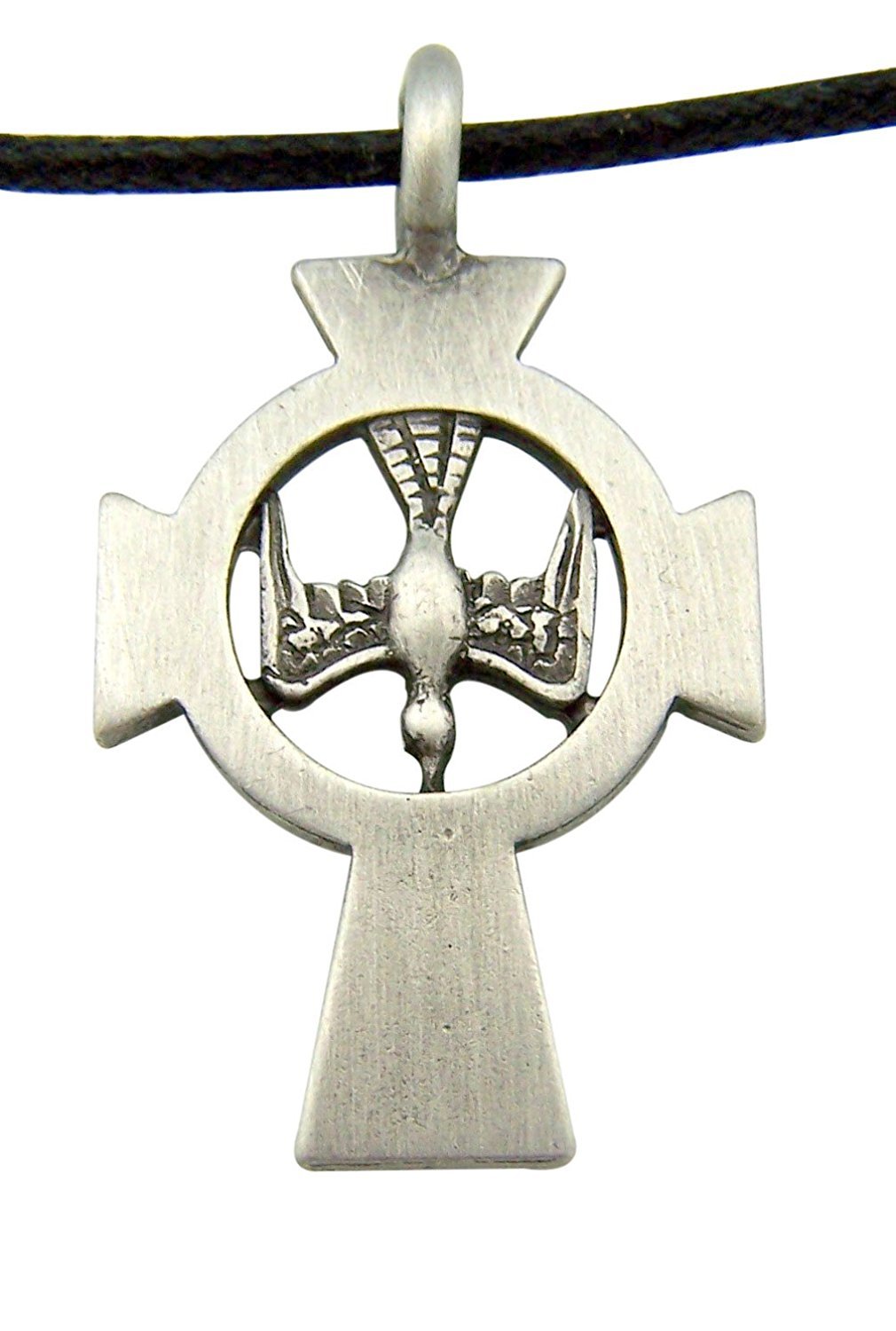 Pewter Maltese Cross with Holy Spirit Dove Center Medal Necklace, 1 1/2 Inch