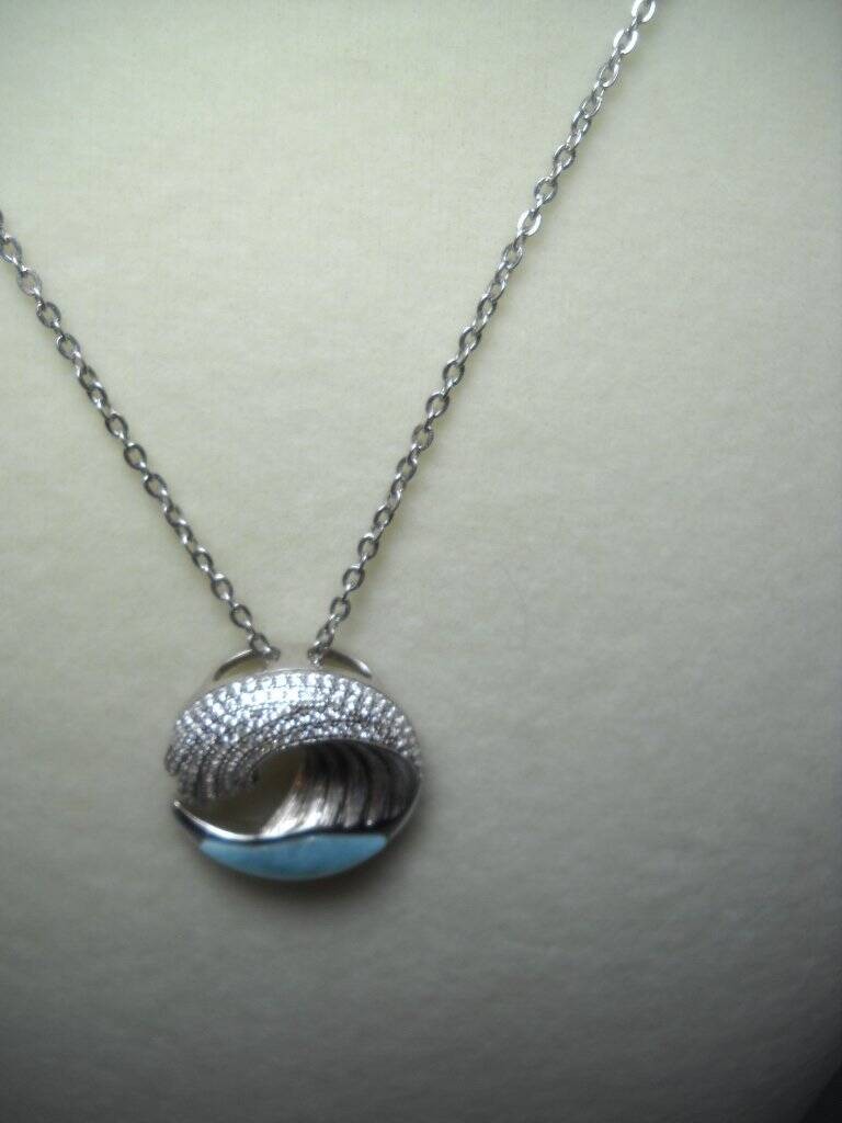 Alamea Hawaii Ocean Wave Larimar Pave CZ Sterling Silver Pendant Necklace Lovely