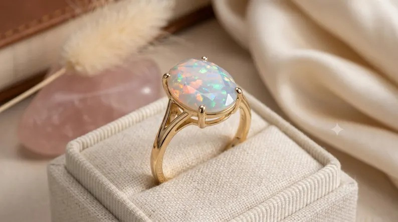 Oval White Fire Opal Ring Minimalist Statement Engagement Ring for Woman