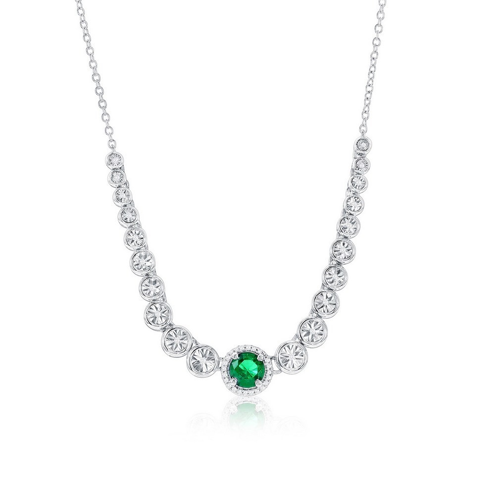 Sterling Silver, Lab-Grown 0.41ct Emerald & 0.07ct Natural Diamond Necklace
