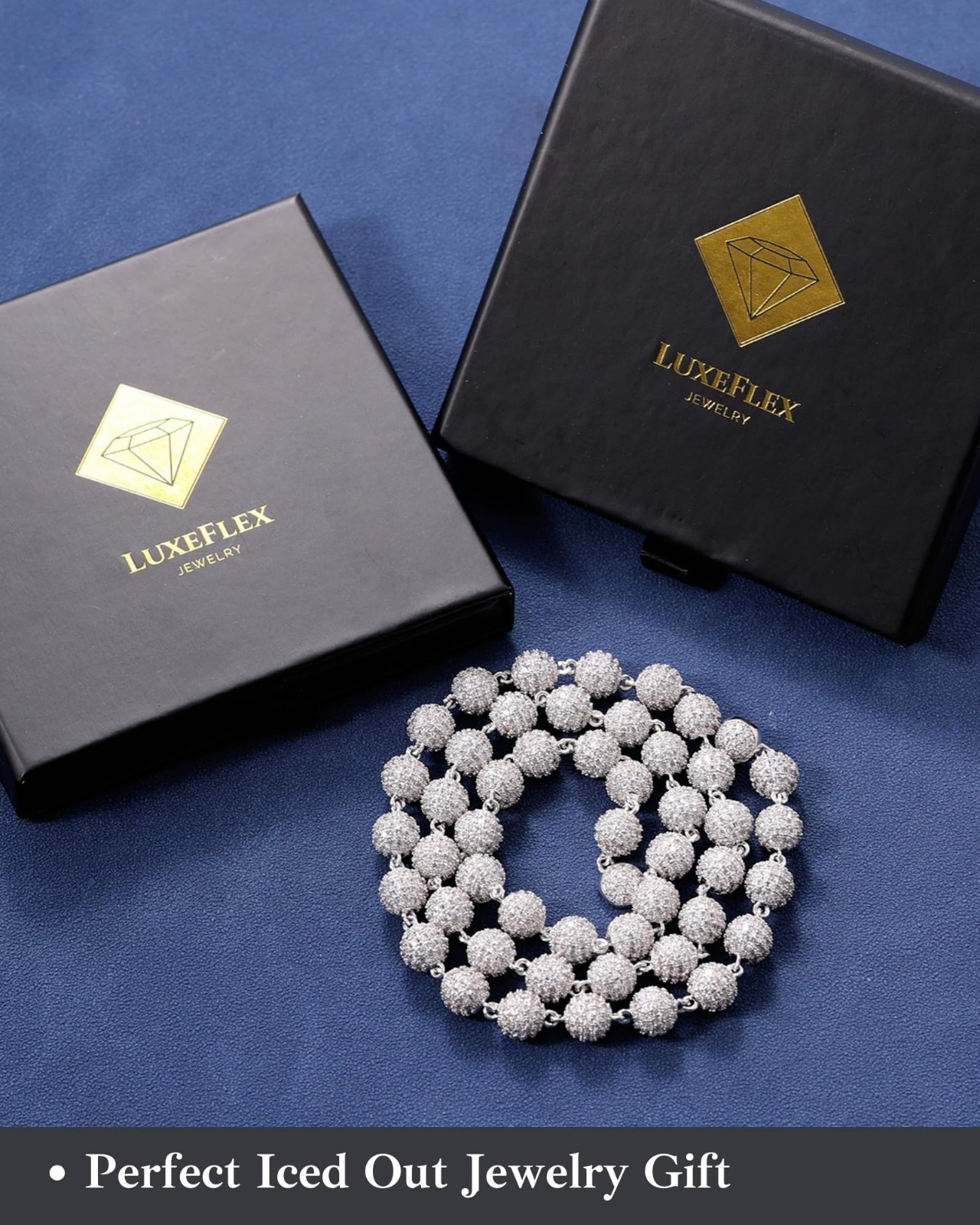 Iced Out 8mm Round Beaded Chain Necklace for Men & Women, Gold/White Gold Plated