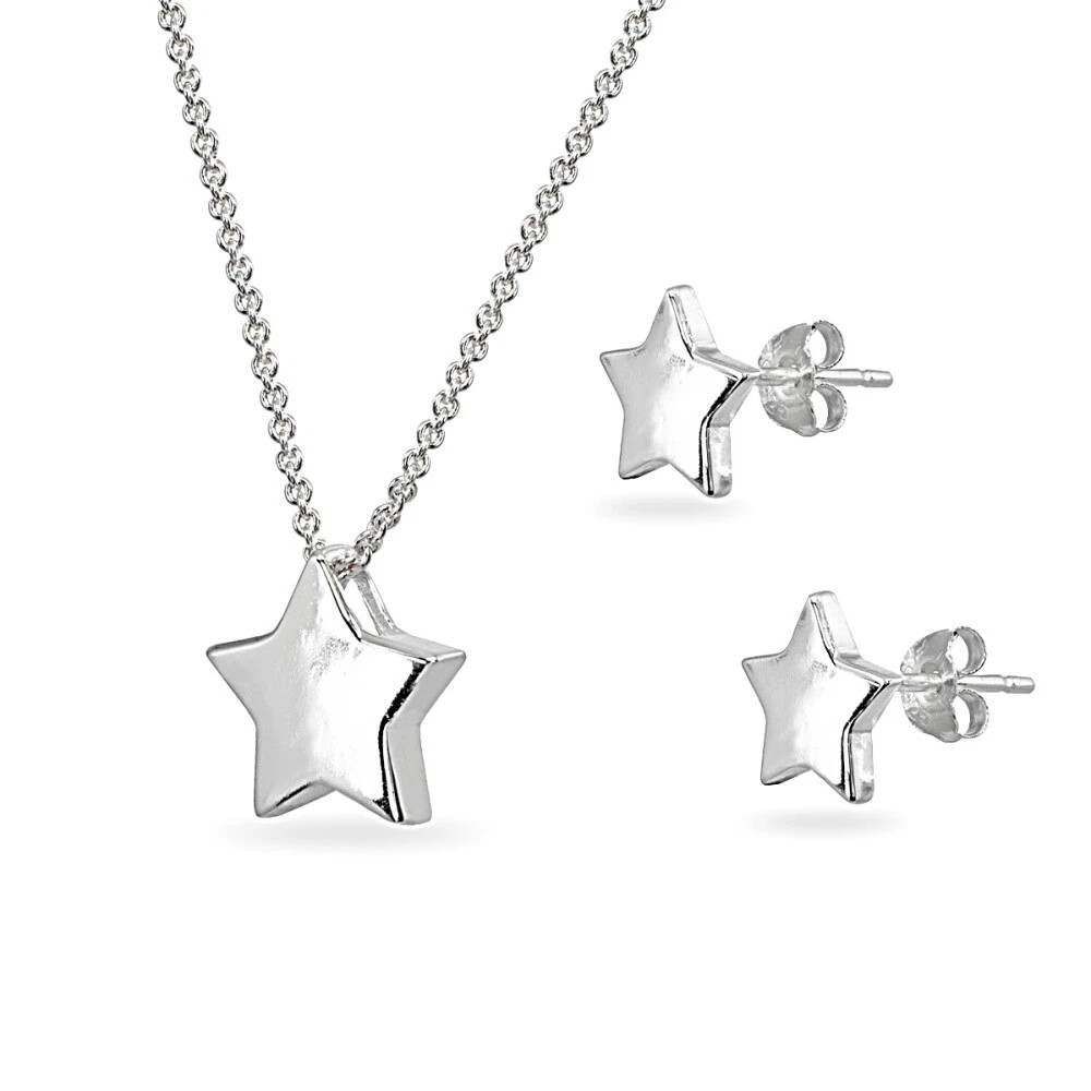 Star Dainty Polished Sterling Silver Choker Necklace and Stud Earrings Set