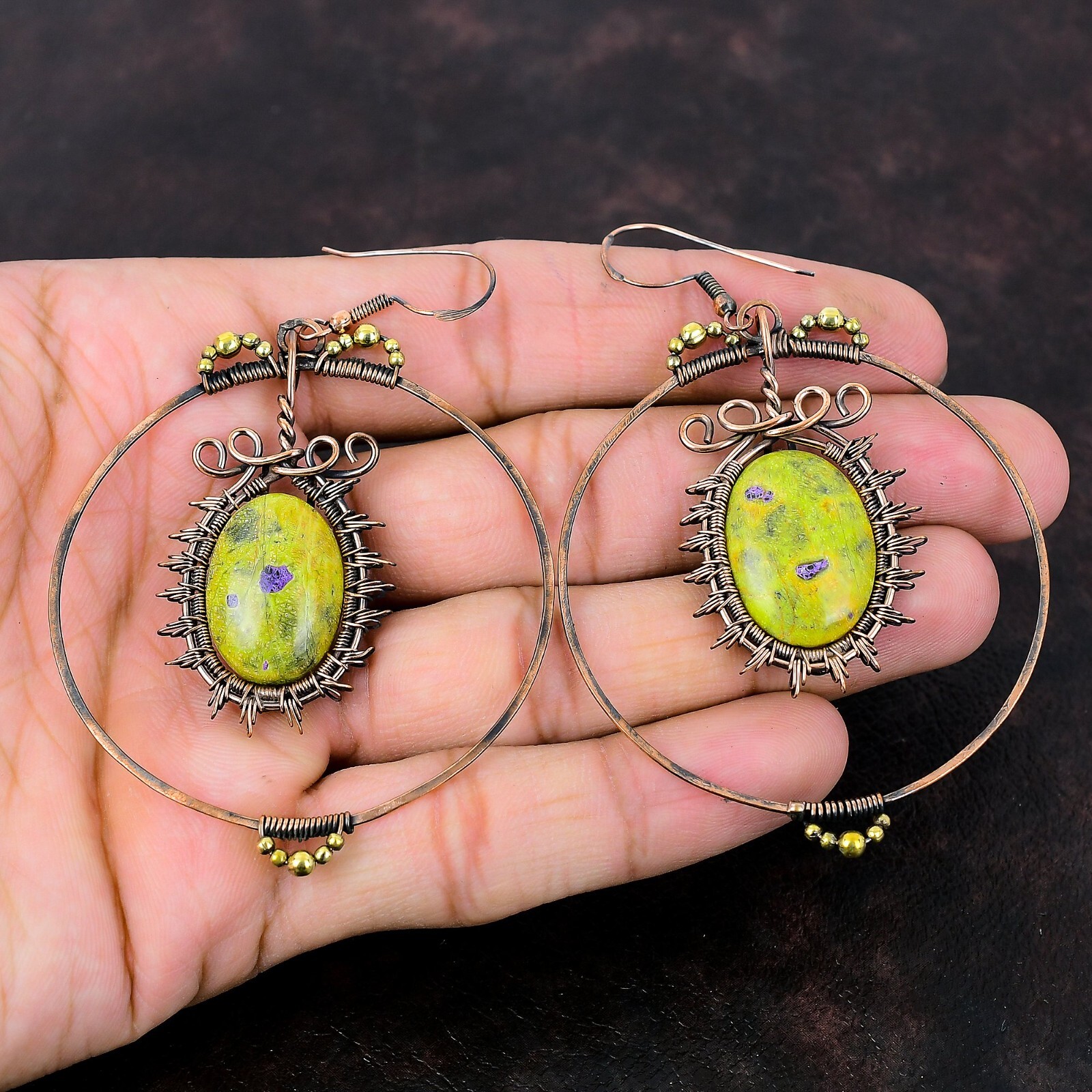 Gift For Her Stichtite Wire Wrapped Drop/Dangle Earrings Copper Jewelry 3.35″