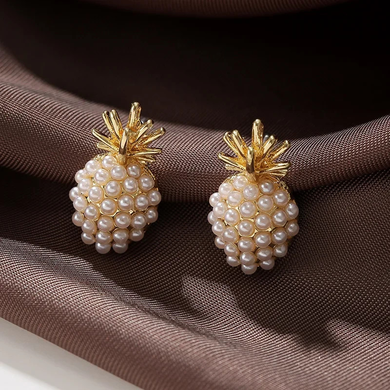 925 Sterling Silver 3D Pearl Pineapple Stud Earrings Women Tropical Jewellery Gi