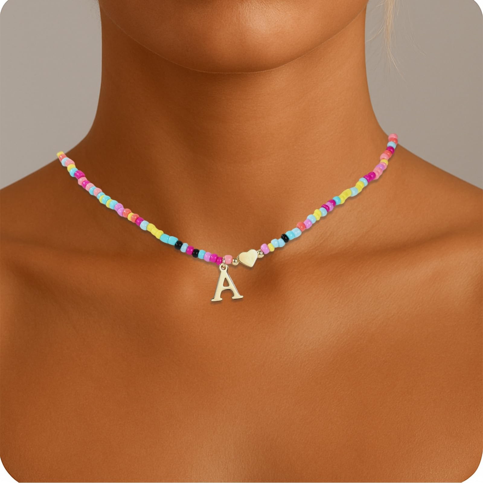 Mikovivi Colorful Beaded Initial Necklace, Boho Style, Adjustable Length,