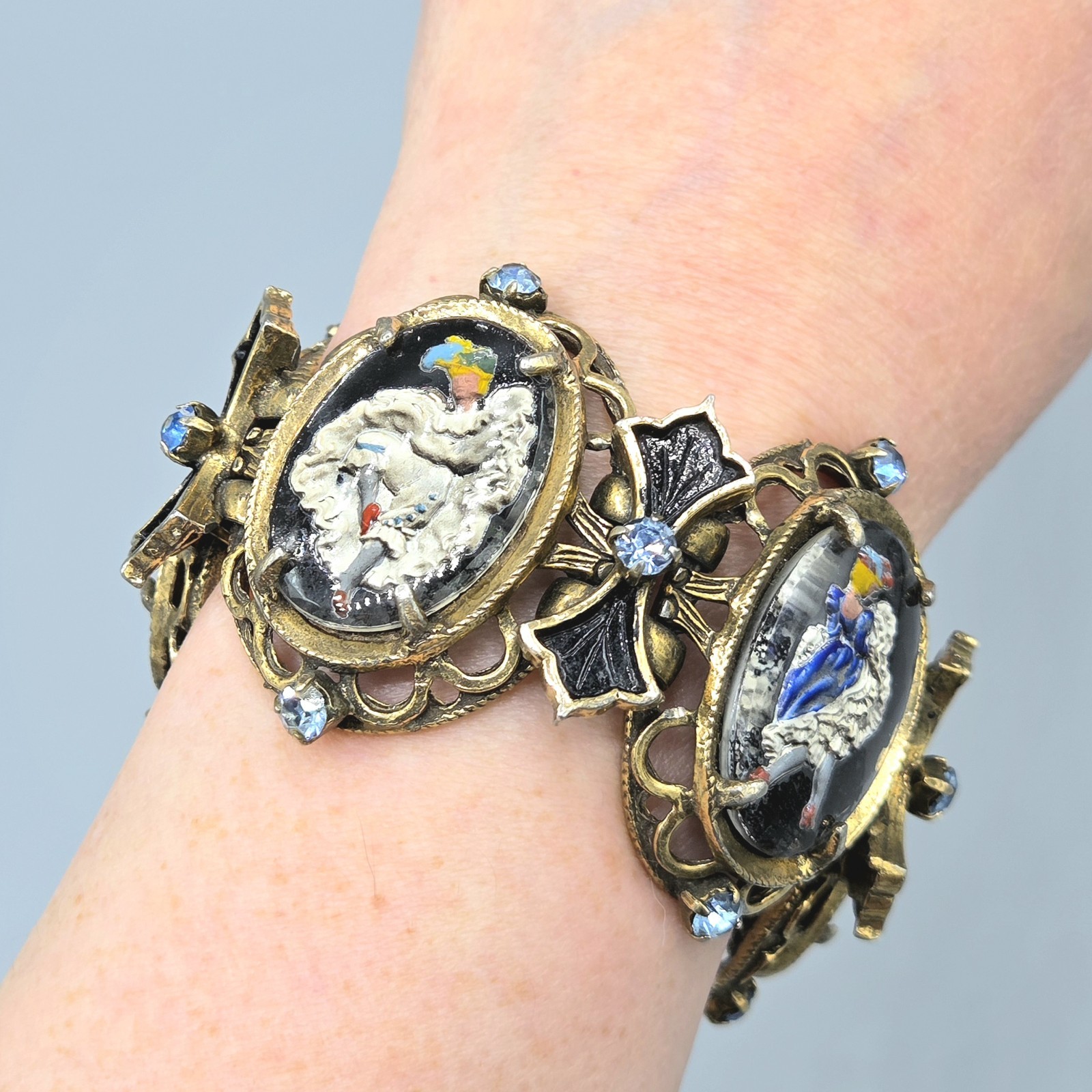 Vintage Can-Can Dancer Intaglio Reverse Paint Glass Panel Link Bracelet Earrings